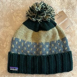 Patagonia Snowbelle Beanie Ridge Northern Green Wool Knit Pom Hat